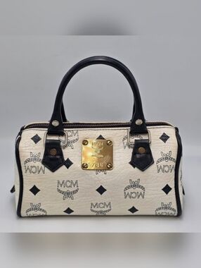 Vintage MCM Mini Boston Bag White Visetos Monogram Navy Leather Gold Hardware